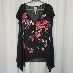 Crane Floral Sheer Panel Black Blouse